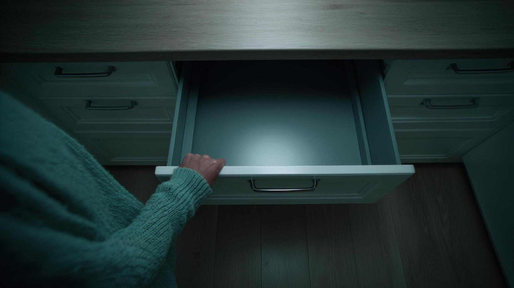A hand reaches into an open kitchen drawer at night. The drawer is empty, suggesting a minimalist and organized home interior. Th photo
