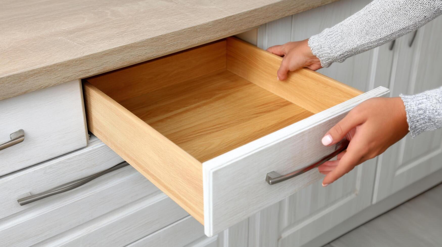 Empty Kitchen Drawer Modern Home Interior Design, Open Wooden Cabinet with White Finish and Silver Handles. Clean, Organized Stora photo