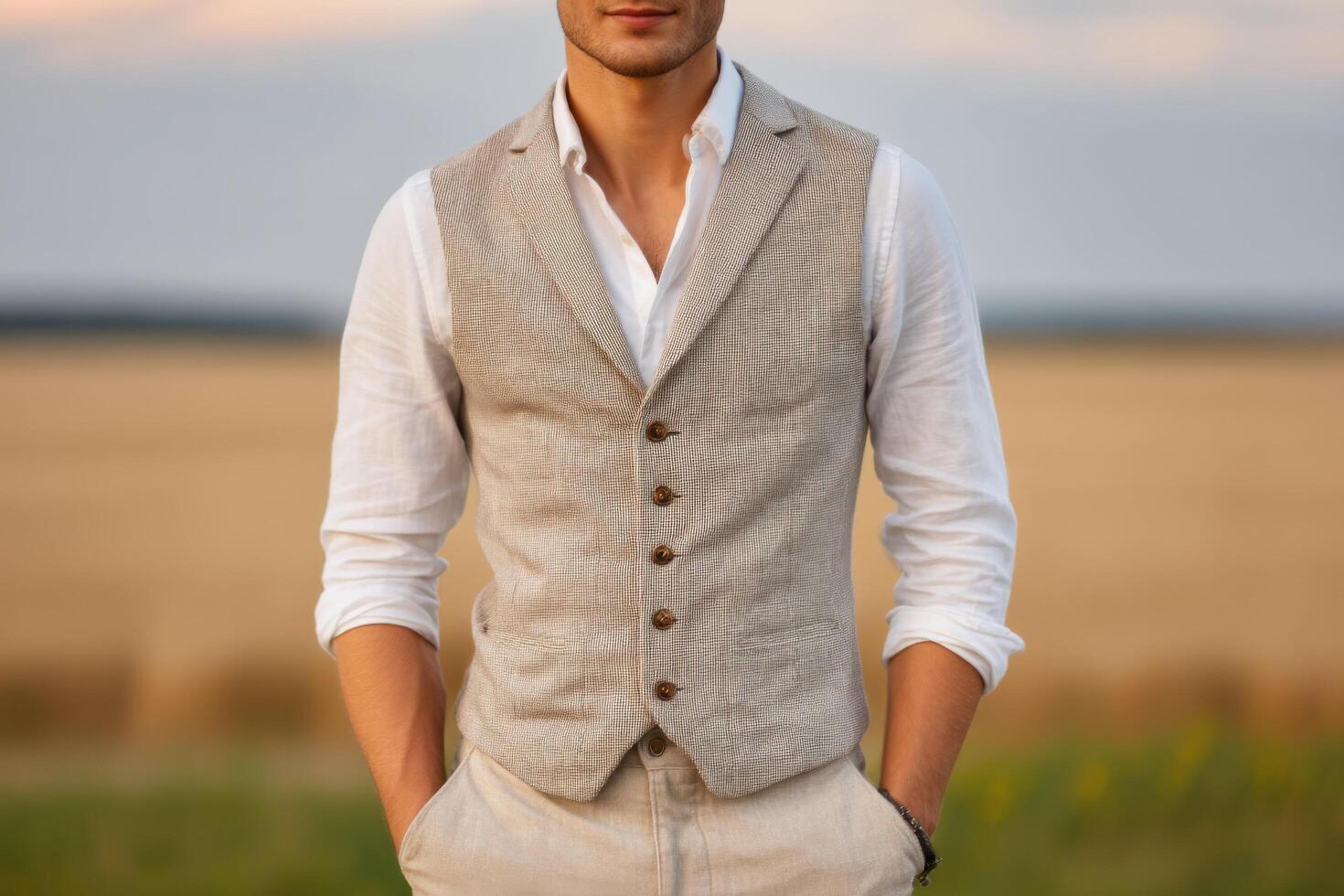 A Man in Beige Linen Vest and White Shirt Posing in a Field. Summer Fashion, Casual Style, Elegant Look for Men. photo