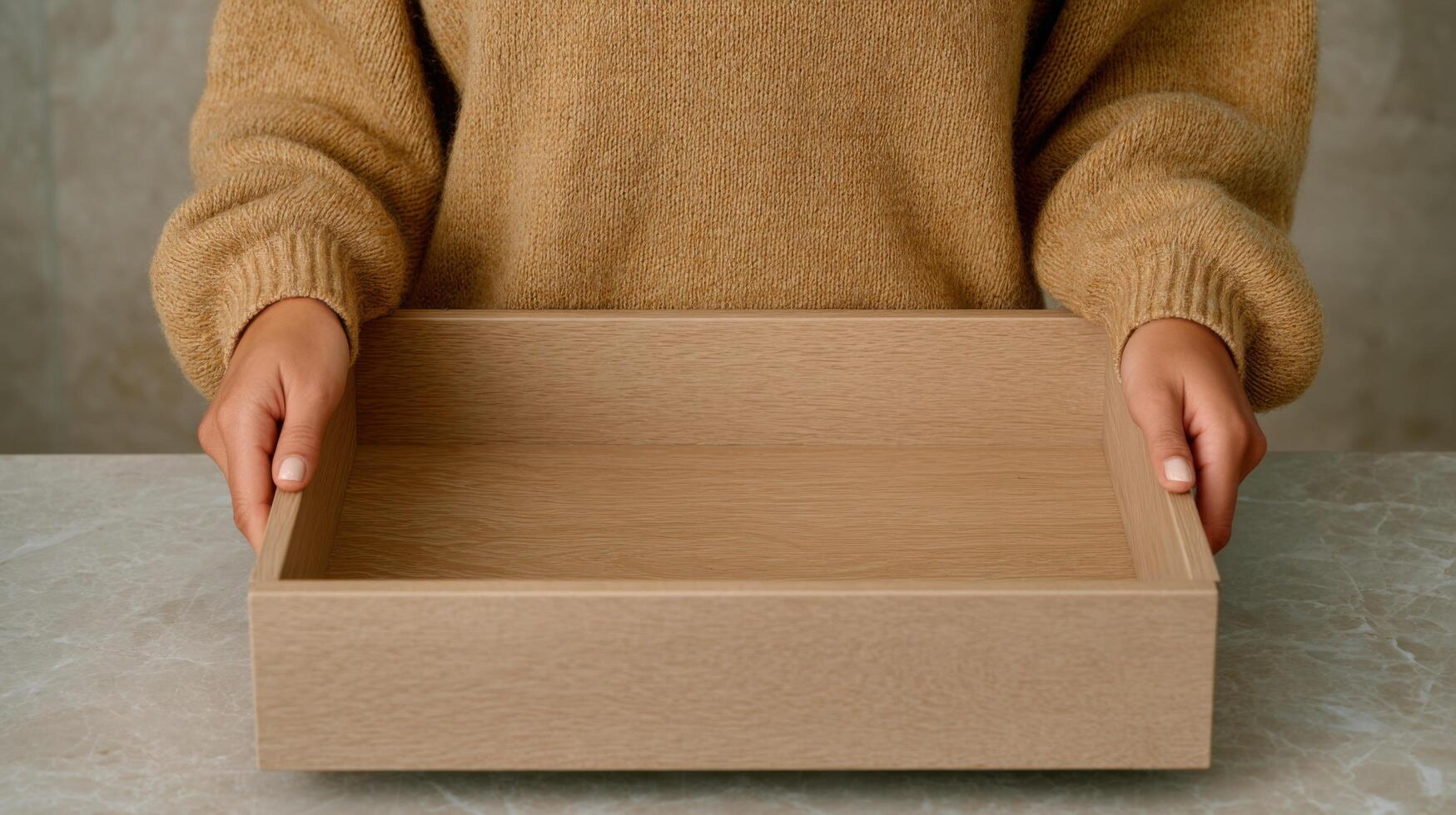 Wooden Box in Hands Empty Container, Simple Design, Natural Texture, Home Decor, Lifestyle Photography photo