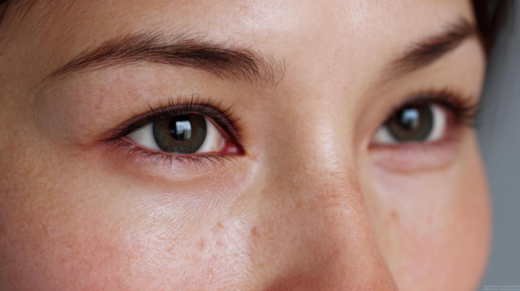 view of a woman's eyes, showcasing intricate details of skin texture, eyelashes, and the subtle expression in her gaze. A captivat photo