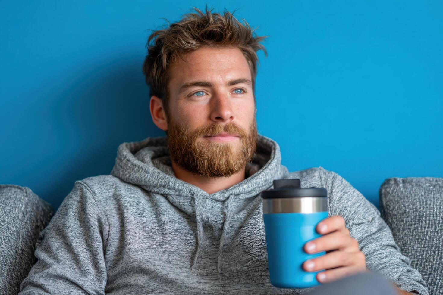 Handsome Man Relaxing on a Sofa with a Drink, Peaceful and Serene Atmosphere at Home. A Portrait of Calmness and Contentment. photo