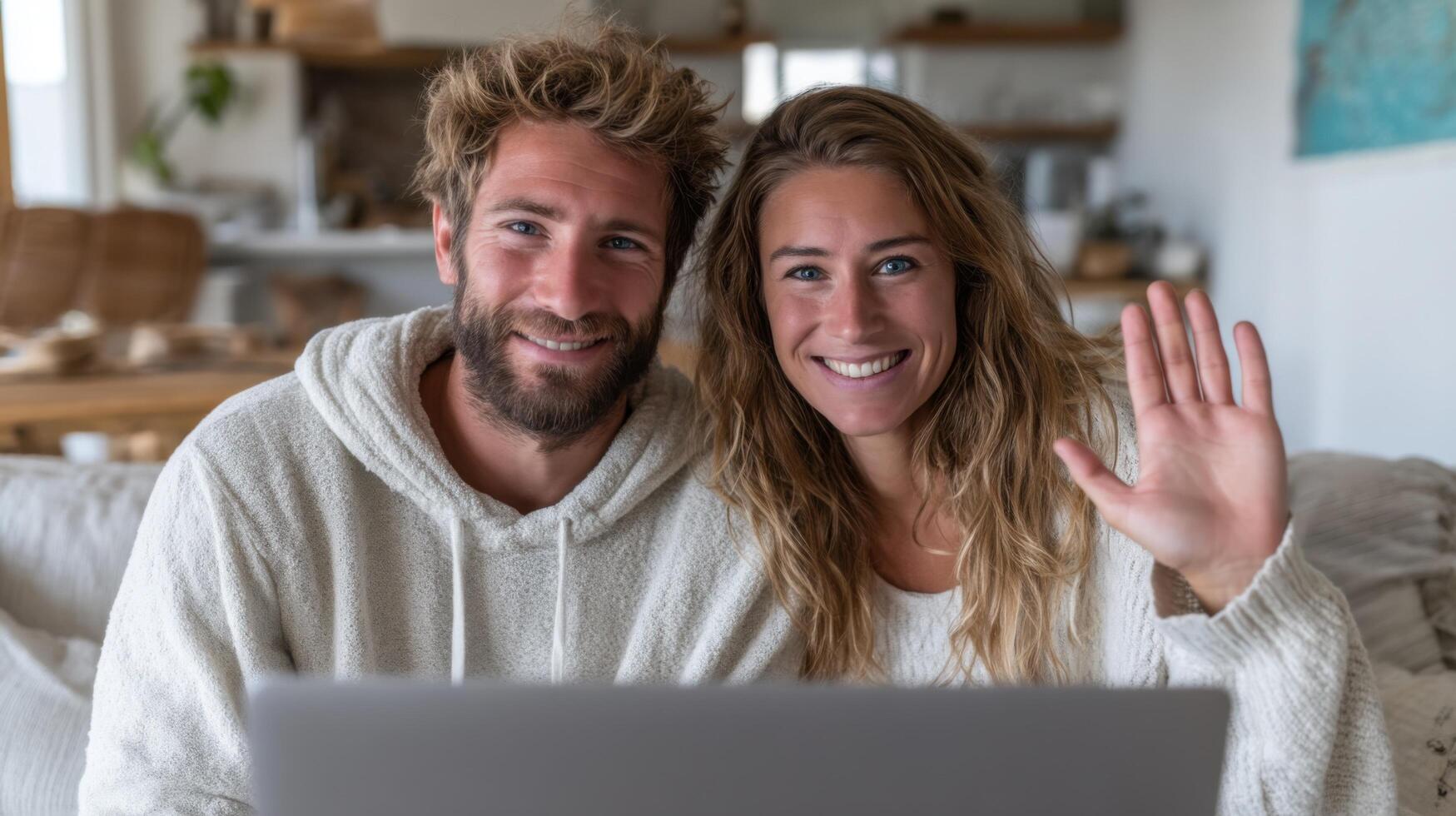 Happy Couple Calling from Home. Smiling man and woman having a chat on laptop, waving hello. Modern lifestyle, technol photo