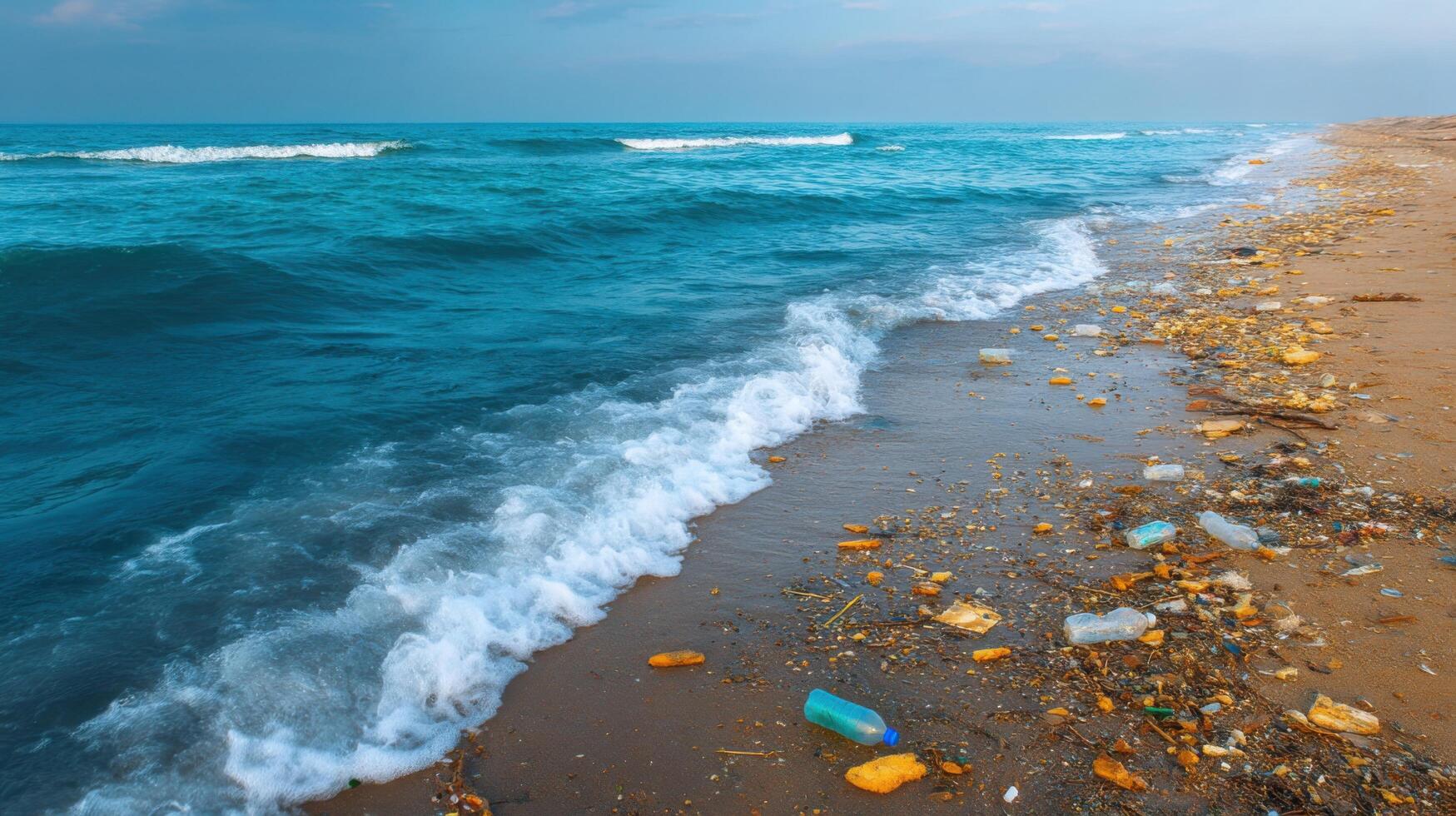 Ocean Pollution Plastic Waste on a Sandy Beach. A poignant image capturing the environmental crisis of plastic pollution in our oc photo