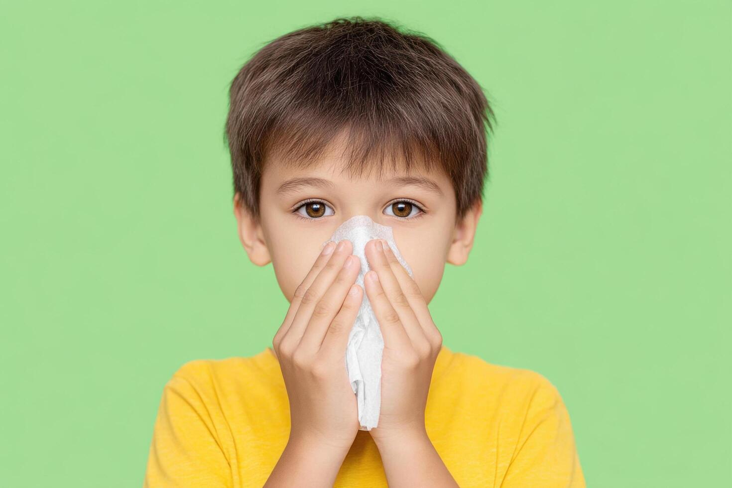 A young boy with a cold, holding a tissue to his nose. He is wearing a yellow shirt and has brown hair. The background is green. T photo