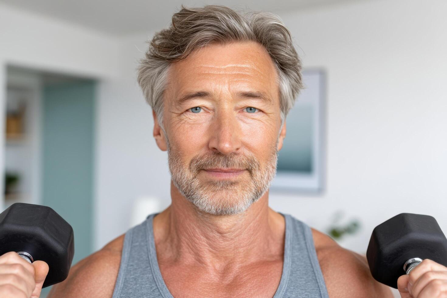 Portrait of a determined mature man lifting dumbbells during his home workout. A picture of fitness, strength training, and healt photo
