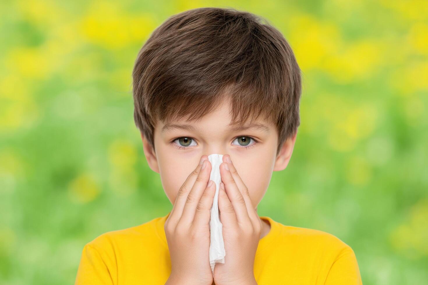 Child with Allergies A Portrait of a Young Boy Sneezing and Suffering from Seasonal Allergies. He is holding a tissue to his nose photo