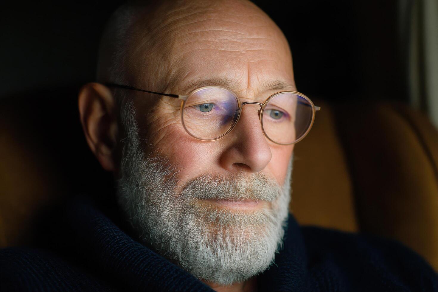 Pensive Senior Man Portrait A Study of Age, Wisdom, and Contemplation. The image captures a moment of quiet reflection, highlight photo