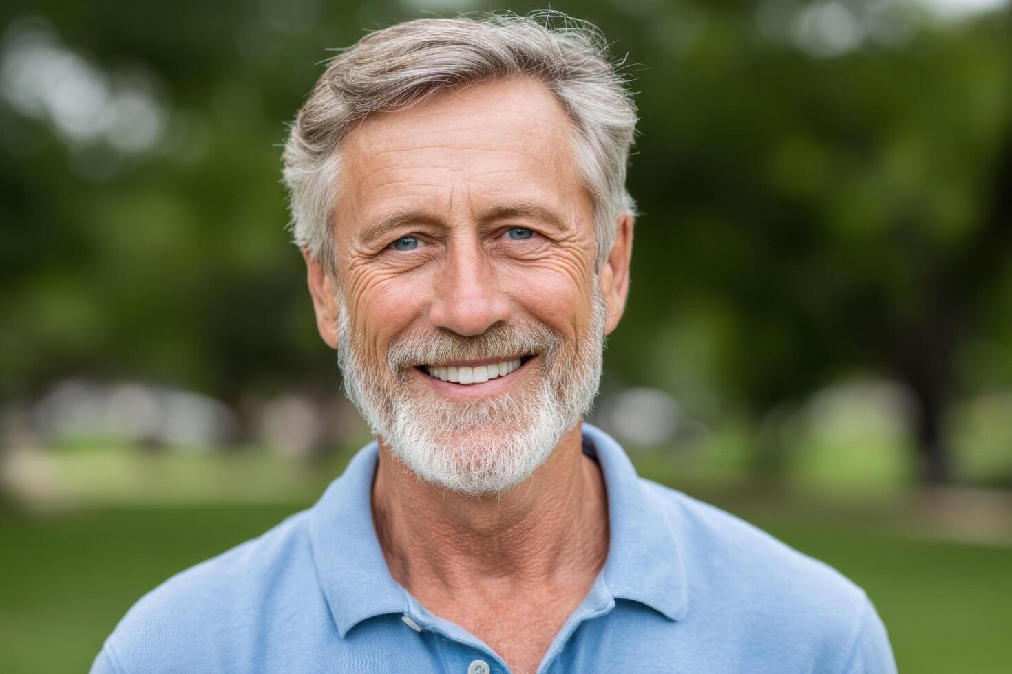 Portrait of a Happy Senior Man Smiling Outdoors. A cheerful elderly gentleman enjoying a relaxing moment in nature. This image con photo