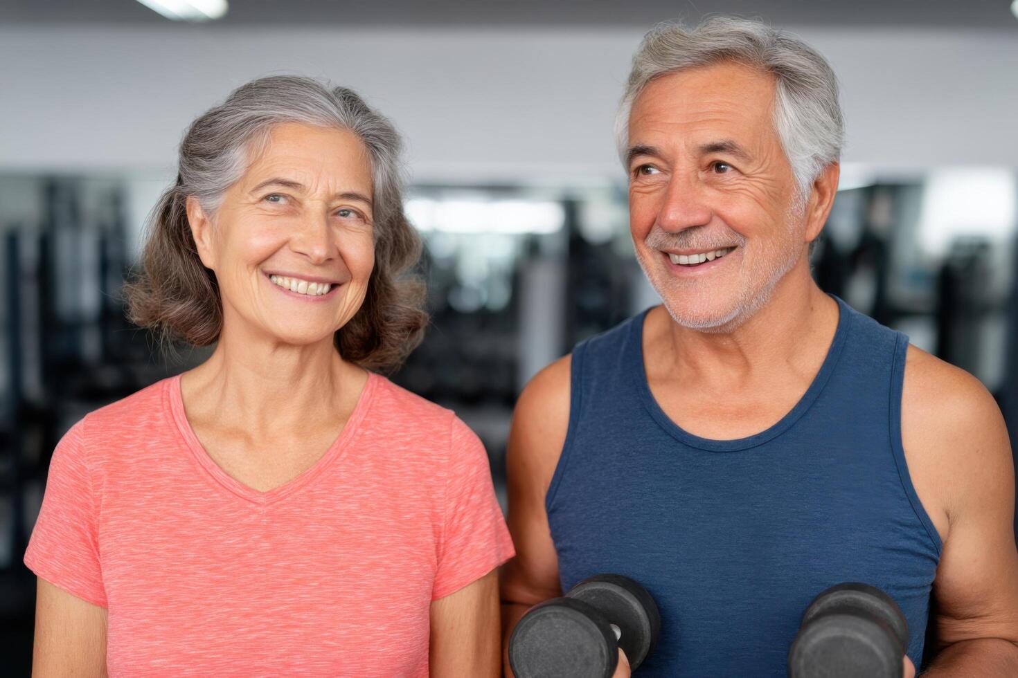 Active Senior Couple Working Out at the Gym Fitness and Wellness in Retirement. Maintain strength and vitality with a healthy lif photo