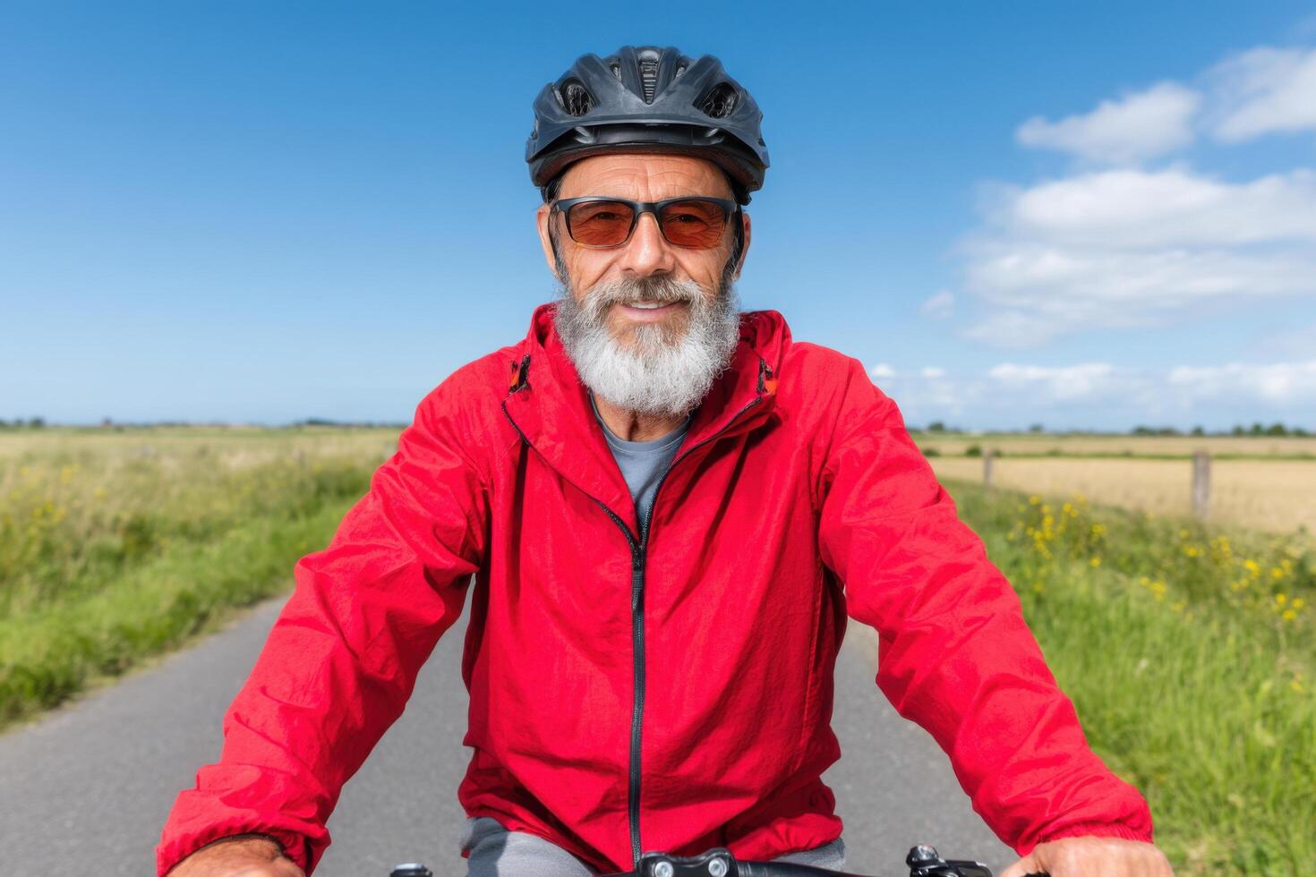 Smiling Senior Cyclist on a Sunny Day Enjoying a Scenic Bike Ride through the Countryside. Active Retirement Lifestyle and Outdoor photo