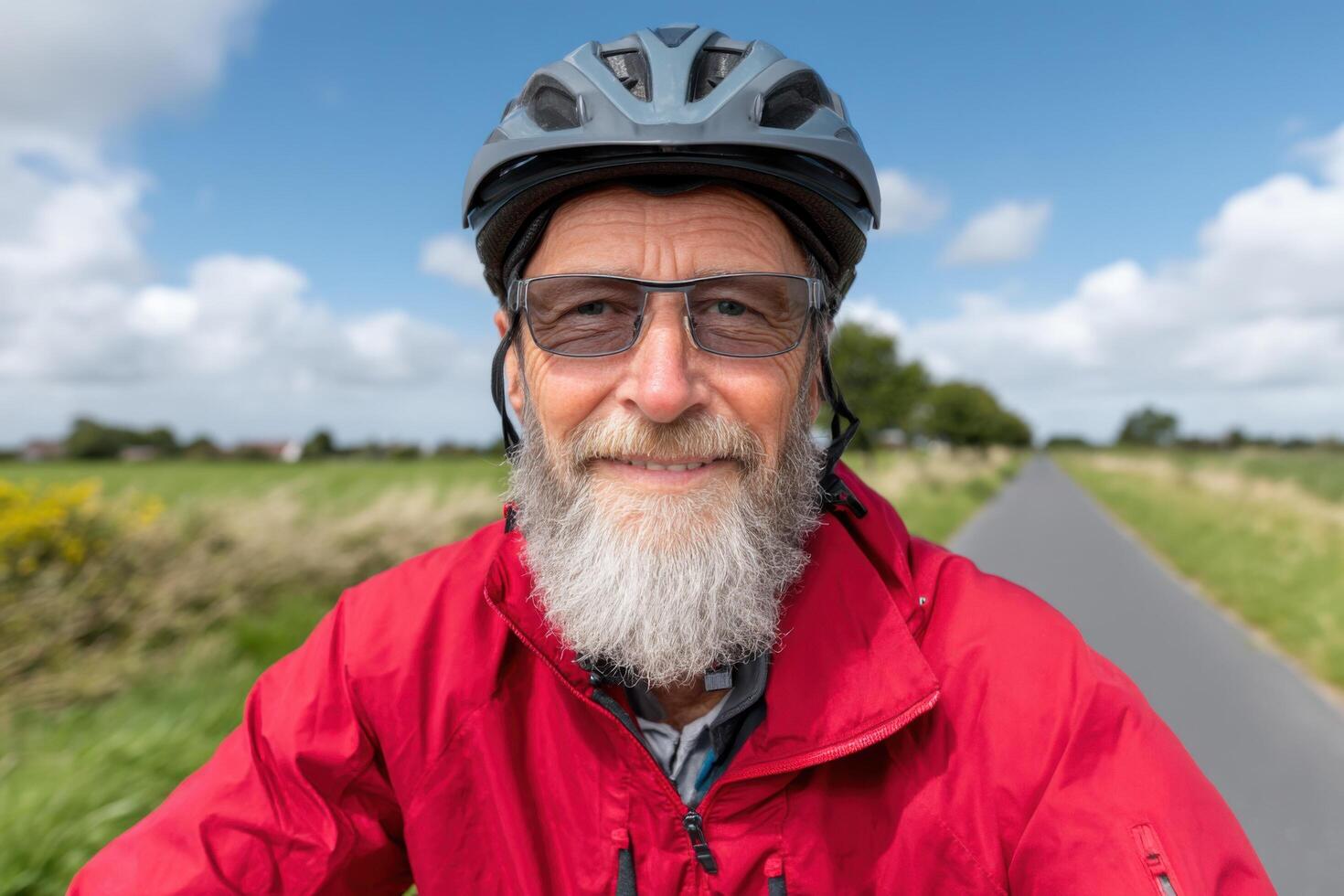 Smiling Senior Cyclist on a Scenic Road. Active Retirement Lifestyle, Summer Adventure, and Healthy Habits. Enjoying Nature and Tr photo