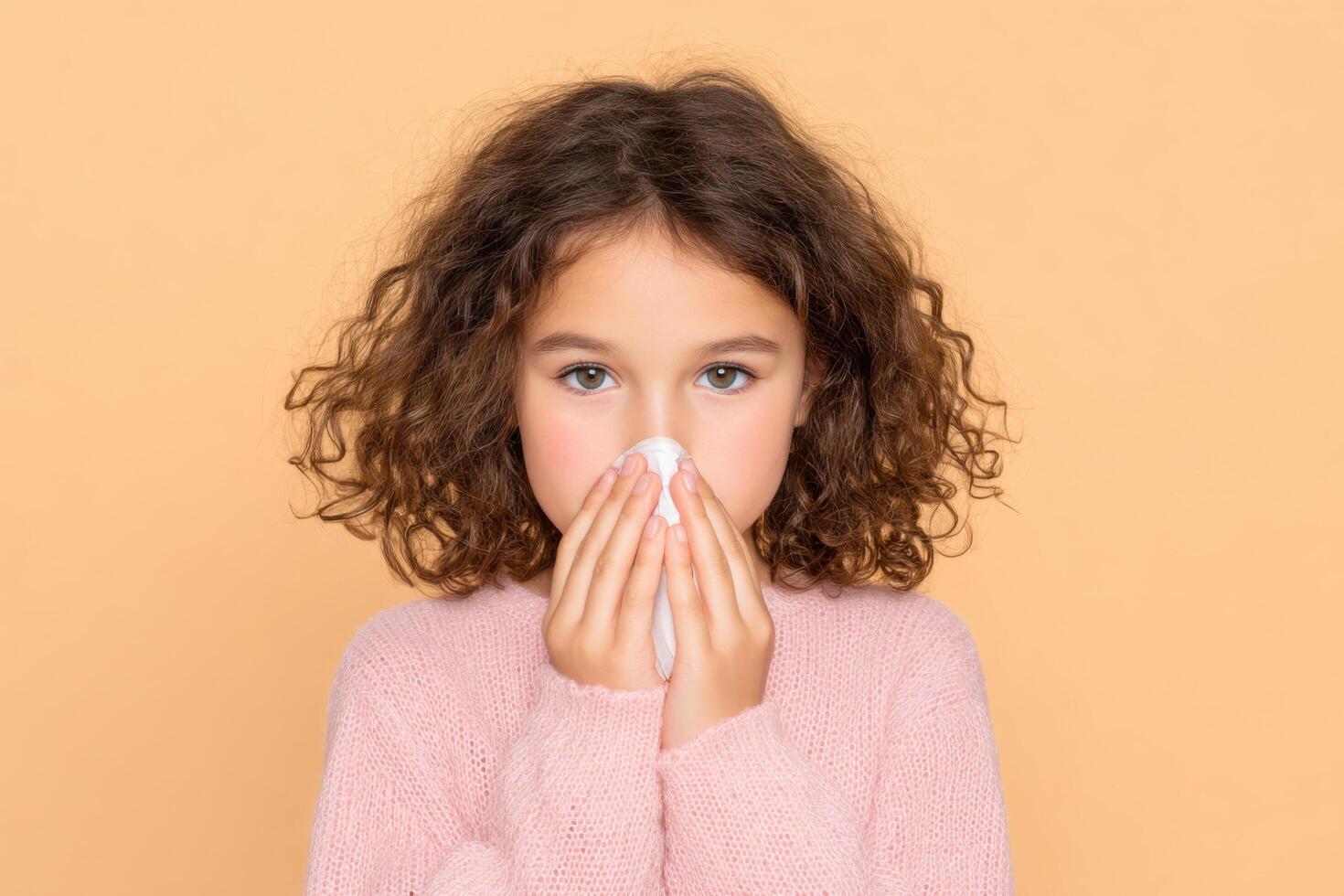 A young girl with a cold, gently blowing her nose with a tissue. The image conveys feelings of sickness, the need for care, and th photo