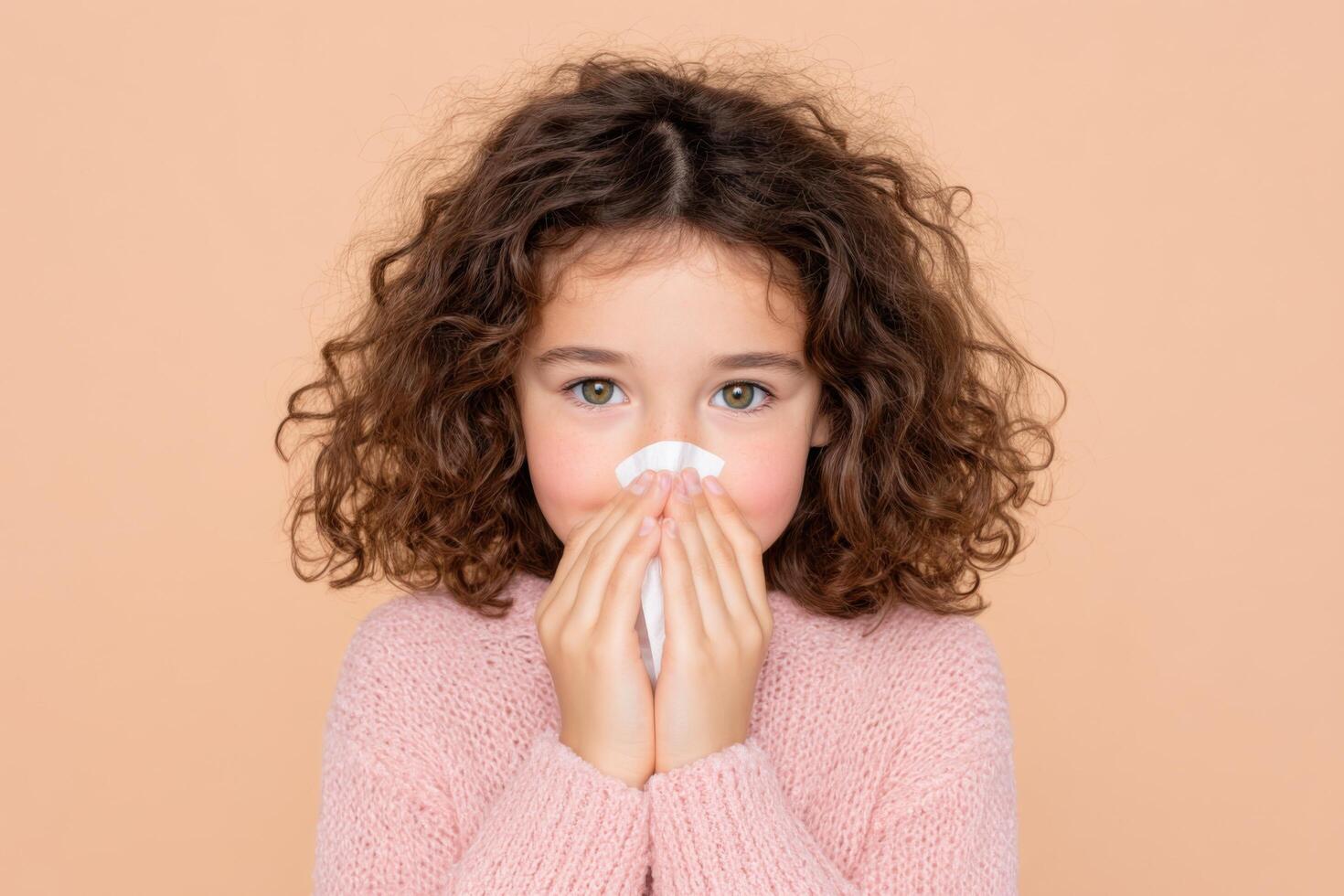 A young girl with curly hair holds a tissue to her nose, appearing sick or experiencing allergies. The image shows symptoms of ill photo