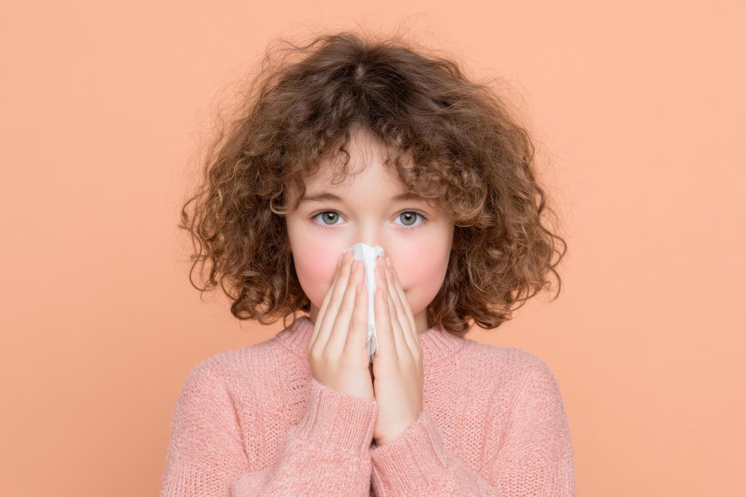 A Young Girl with a Cold Symptoms, Treatment, and Healthcare. This image depicts a child experiencing cold symptoms, highlighting photo