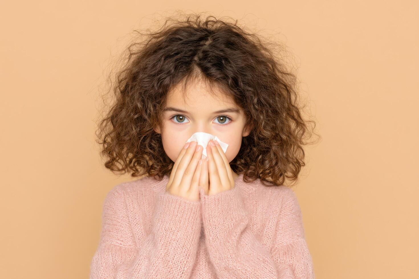 A young girl with a cold, covering her nose with a tissue. The image depicts symptoms of illness, focusing on health and wellness photo