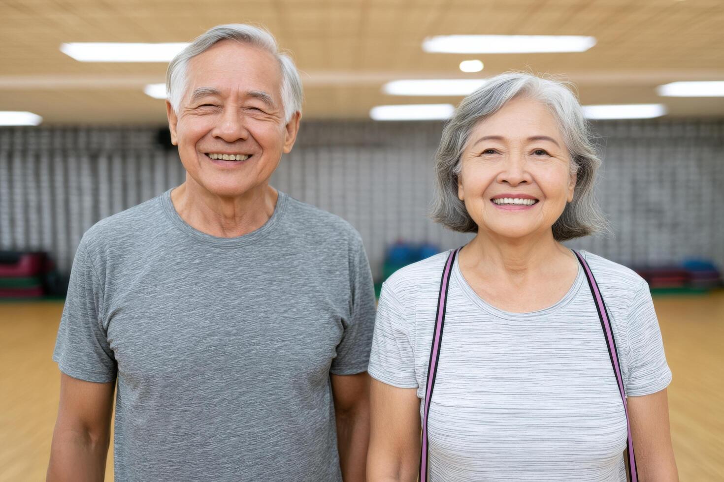 Active Senior Couple Smiling at the Gym Healthy Lifestyle and Fitness Goals. Wellness, Exercise, and Wellbeing for Elderly People. photo