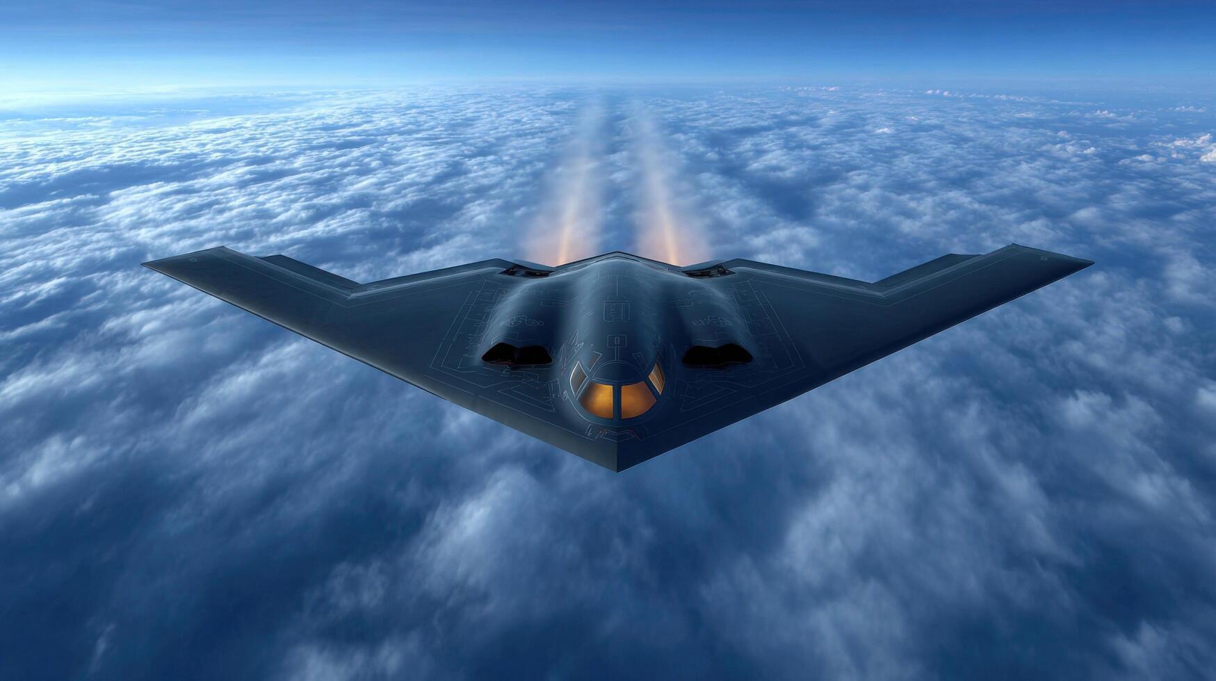 Majestic Stealth Bomber Soaring Through Clouds A breathtaking view of a powerful military aircraft in flight, showcasing its sleek photo
