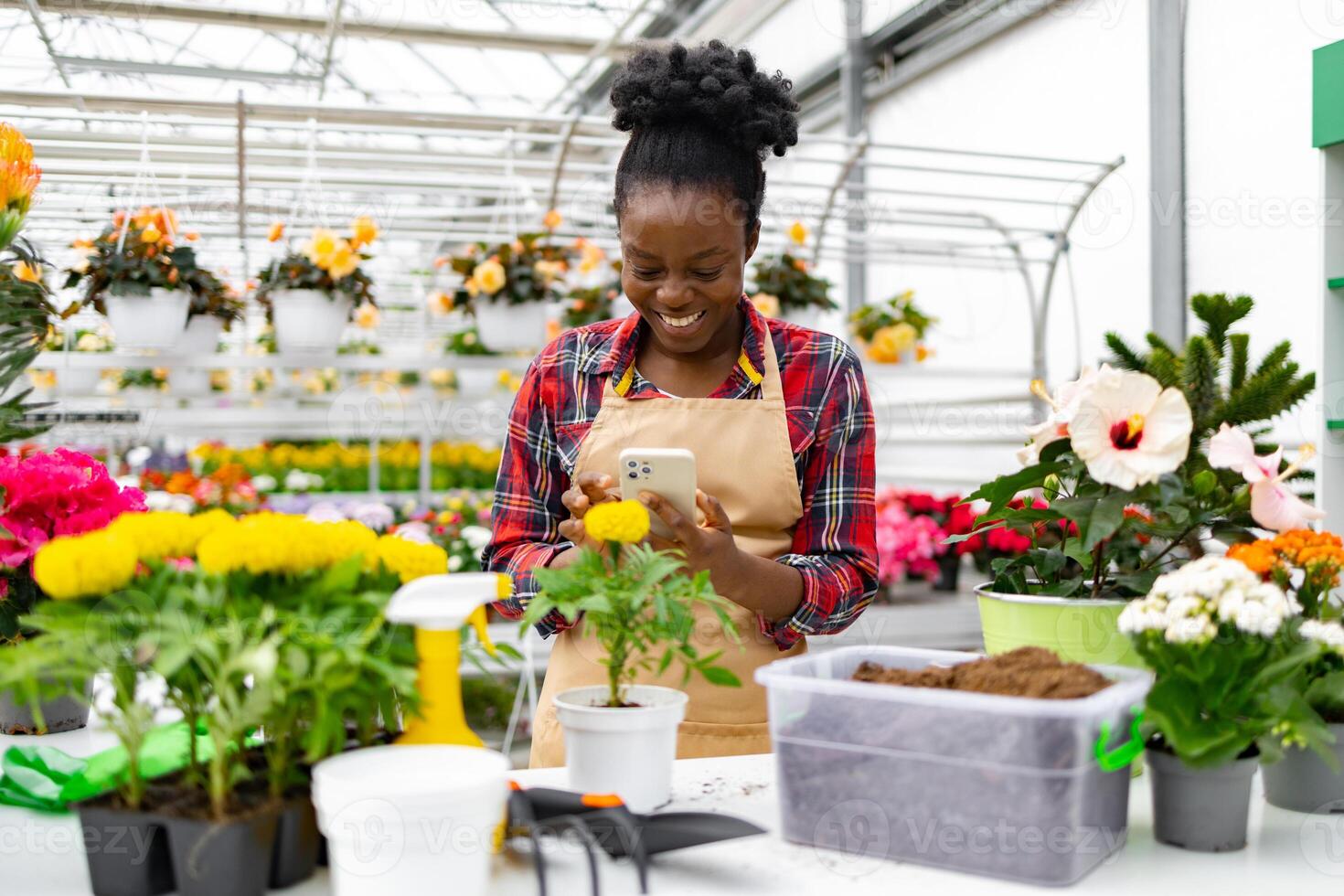 A smiling Black woman in an apron takes a picture of a small plant in a greenhouse, surrounded by flowers and gardening tools. photo