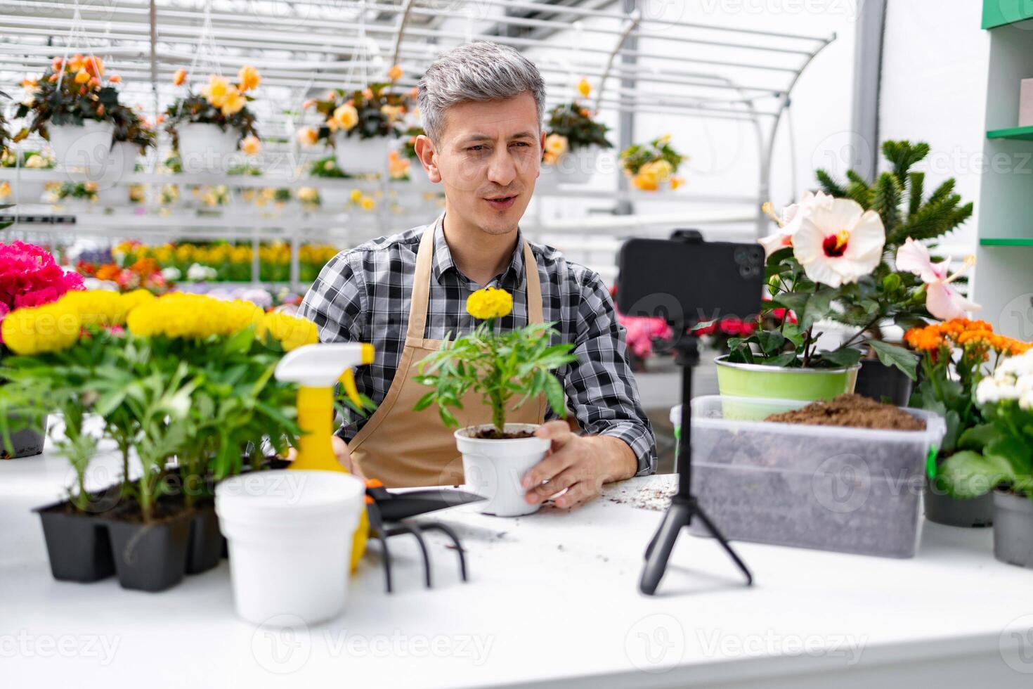 A man in a greenhouse demonstrates gardening techniques, holding a potted plant while recording a . photo