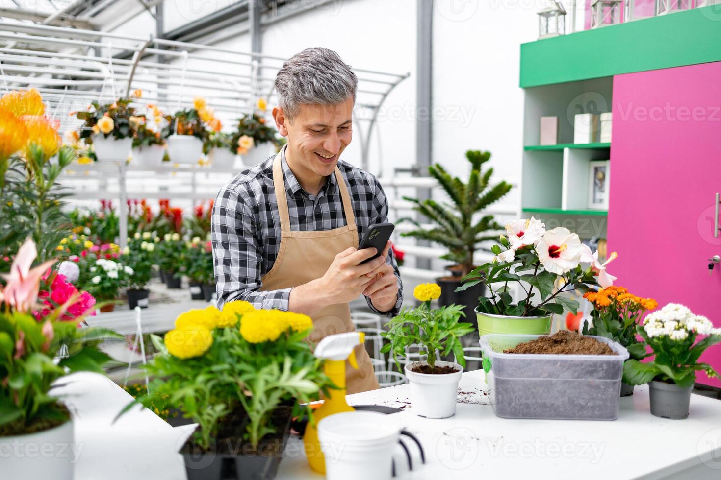 A smiling florist in an apron using a smartphone in a plant shop or greenhouse, surrounded by vibrant flowers and plants. photo