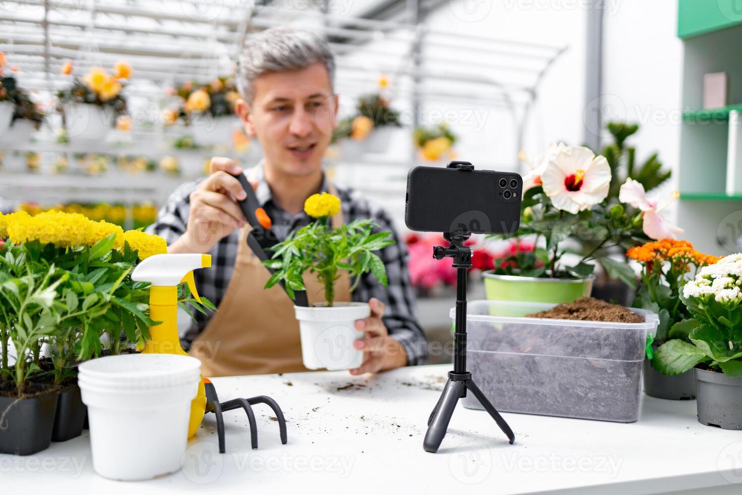 A man is recording a gardening with plants and flowers in a greenhouse. photo