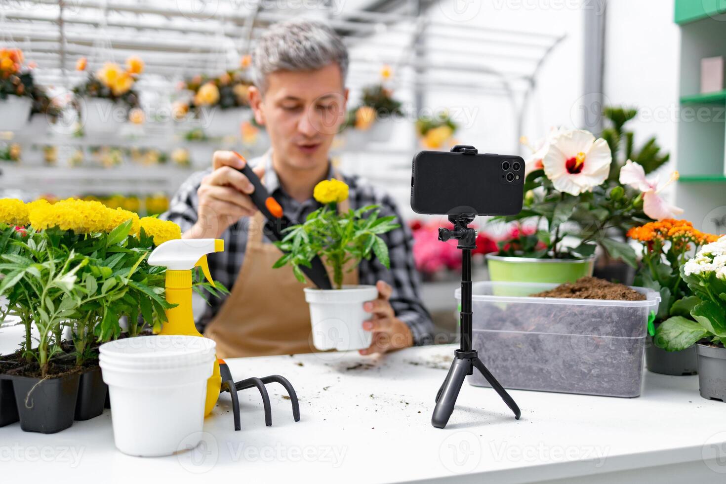 A man in an apron filming a gardening tutorial with plants and flowers. photo