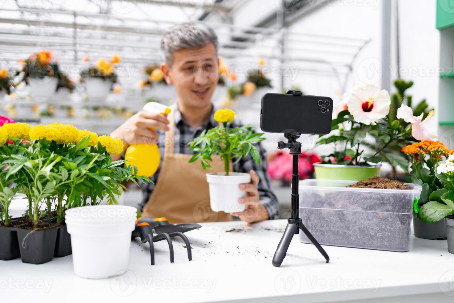 A gardener recording a about taking care of plants in a greenhouse. The scene includes various flowers and gardening tools. photo