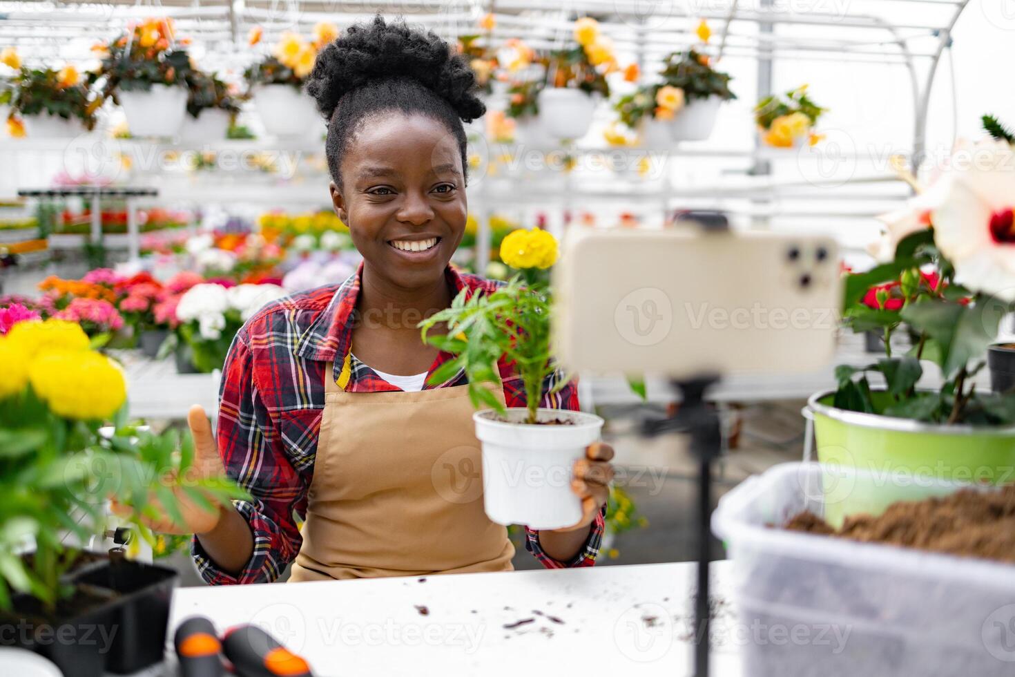 A smiling African American woman is presenting a plant during a live stream from a greenhouse, surrounded by flowers. photo