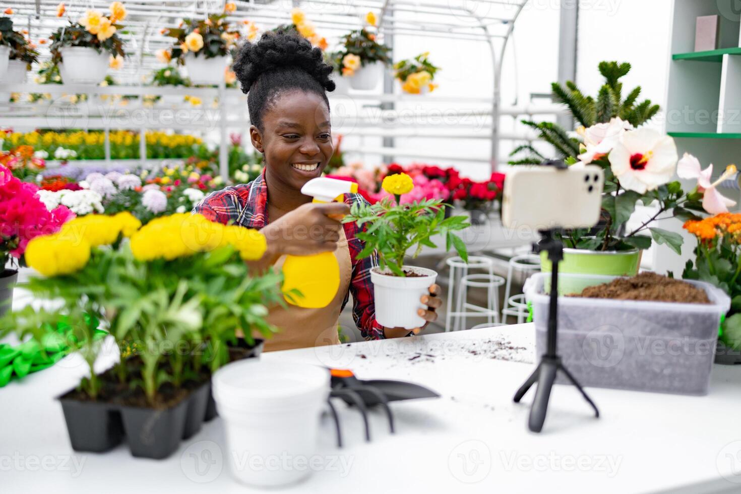 A smiling Black woman sprays a plant during a live stream in a greenhouse, surrounded by flowers and gardening tools. photo