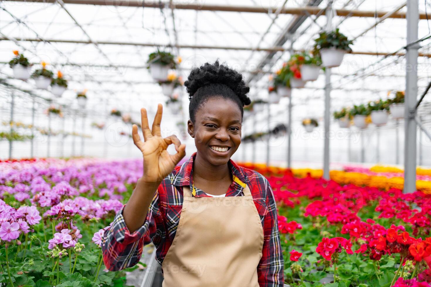 Smiling African woman in a greenhouse, giving the okay gesture. photo