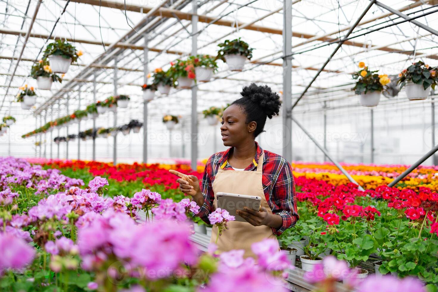 A woman with a tablet gestures in a colorful greenhouse filled with vibrant flowers. photo