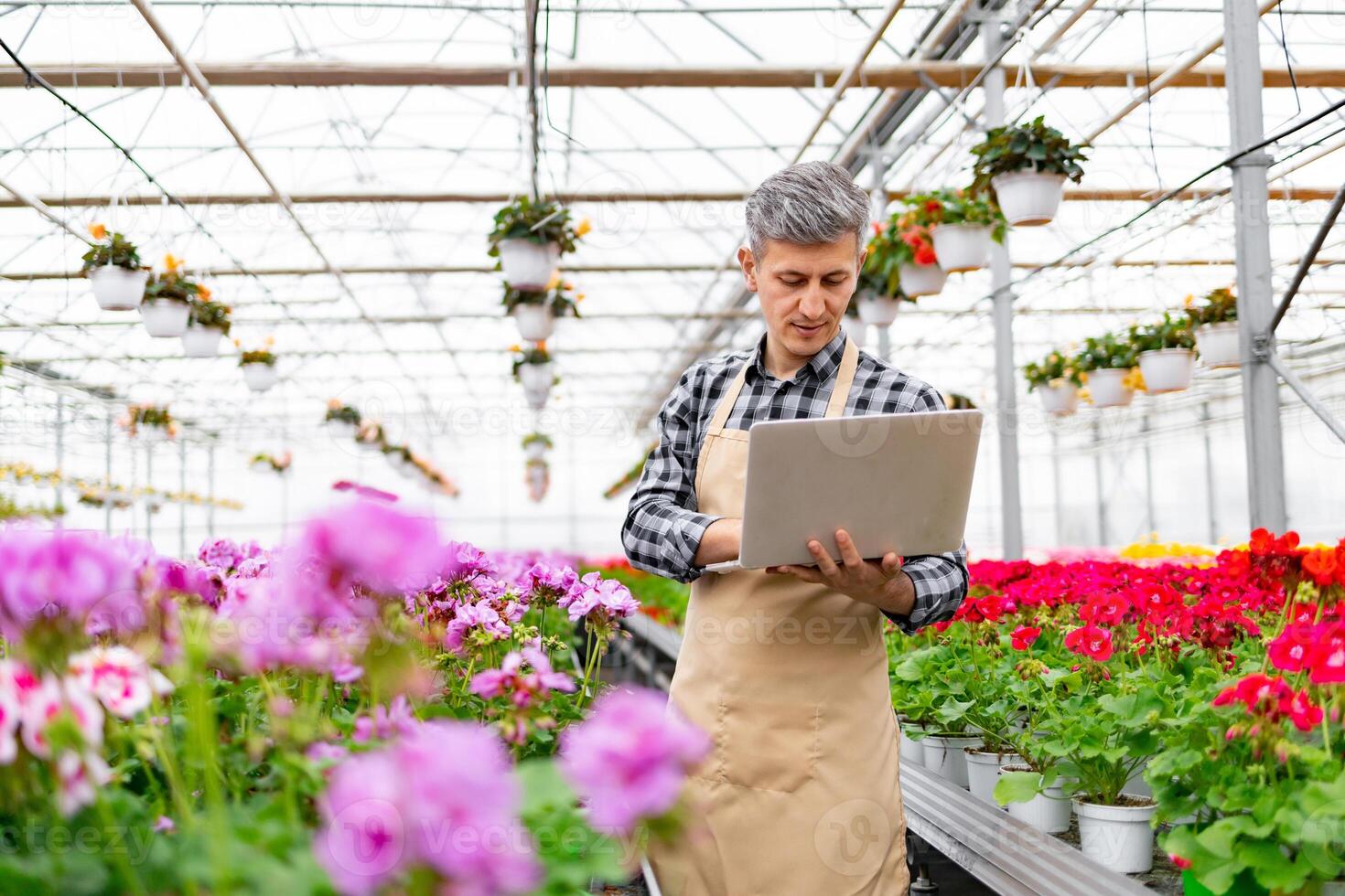 A man in a greenhouse surrounded by vibrant flowers uses a laptop. He appears to be working in a floral shop. photo