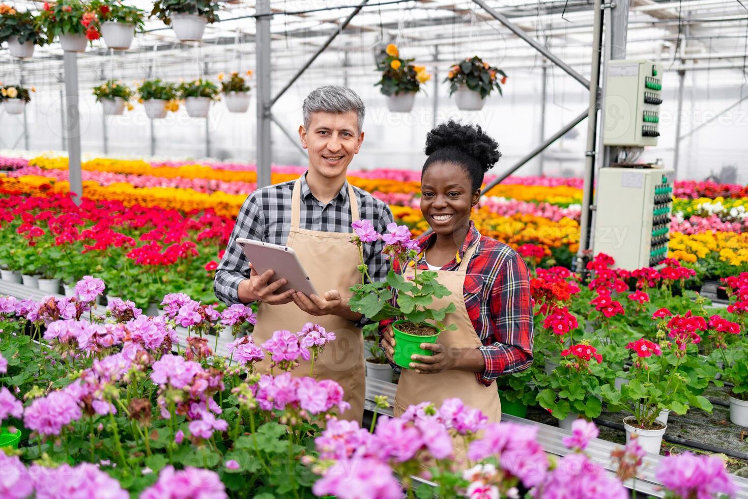 Two diverse greenhouse workers smile while surrounded by vibrant flowers. One holds a tablet, the other a potted plant. photo