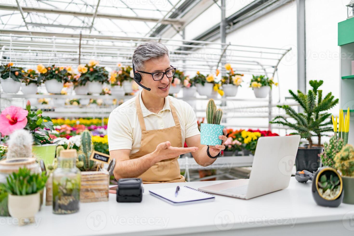 A Caucasian florist conducts a call while showcasing a cactus for sale, highlighting online sales through a laptop. photo