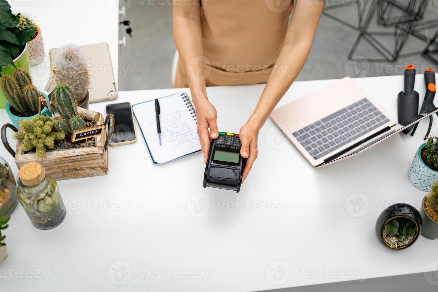 A florist shop employee is presenting a credit card reader over a table filled with plants and a laptop. photo
