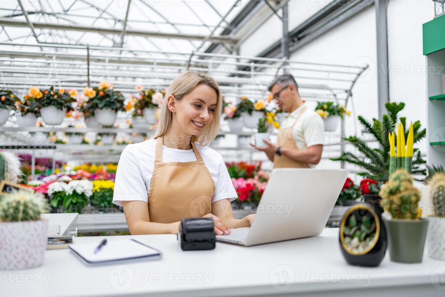 A smiling Caucasian florist uses a laptop behind a sale table, with another employee visible in the background. The shop is filled with flowers and plants. photo