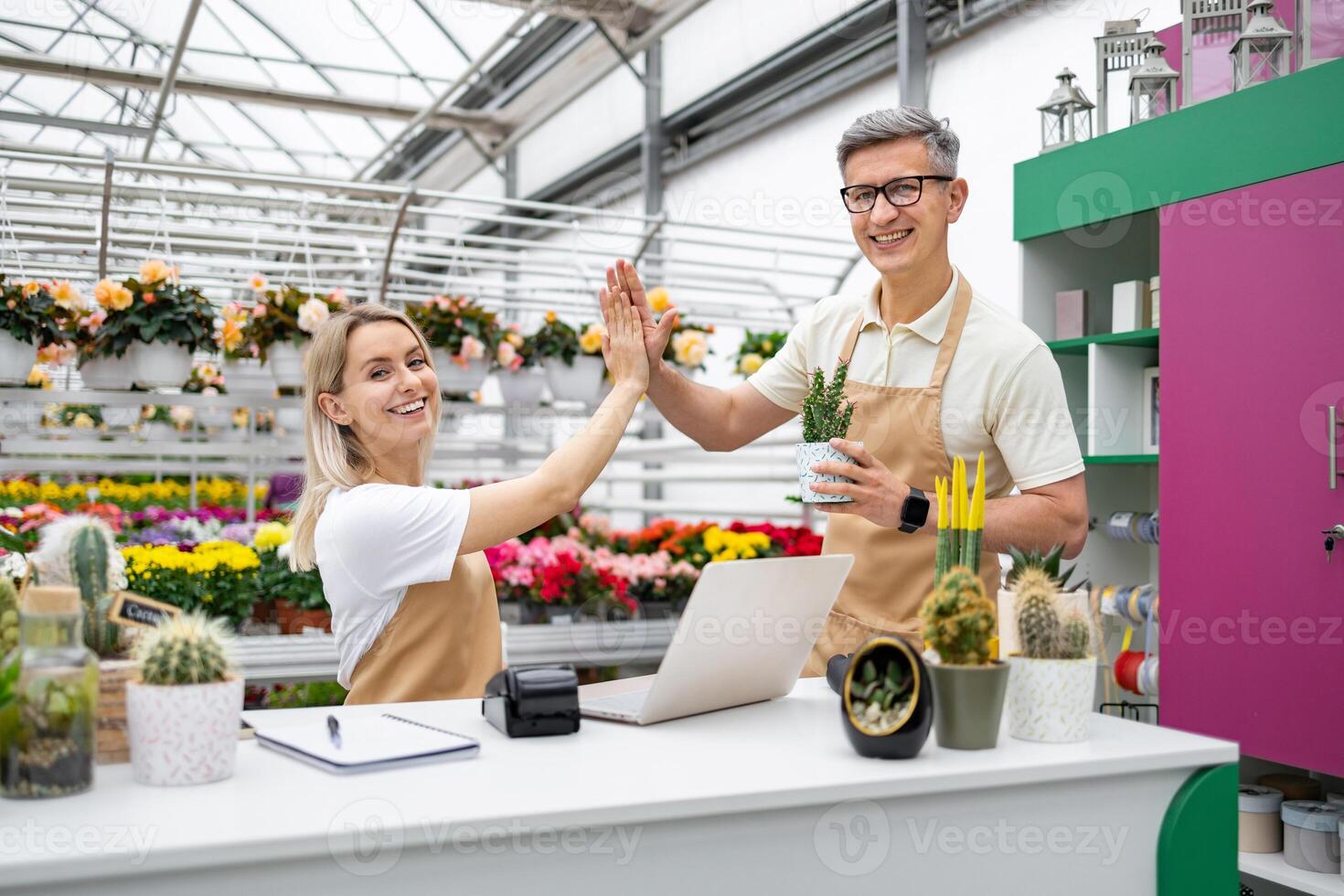 Two florists celebrating a successful sale inside their shop. The cheerful scene shows them high-fiving with plants and flowers. photo