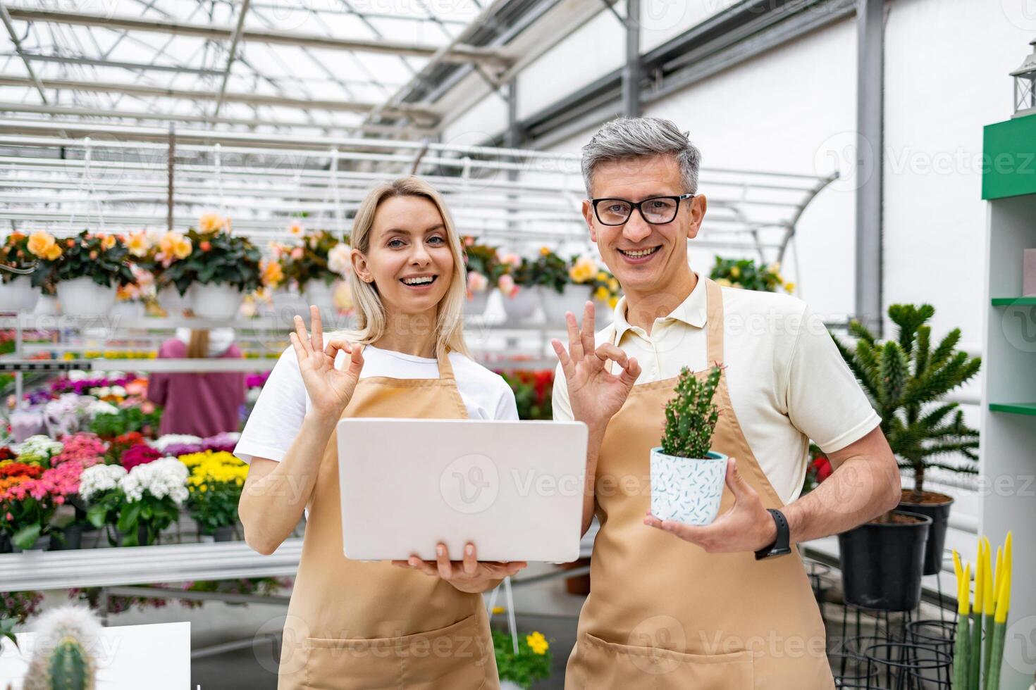 Two Caucasian florists show a plant and laptop, giving an OK sign, in their vibrant shop. The employees look happy and satisfied with their work. photo