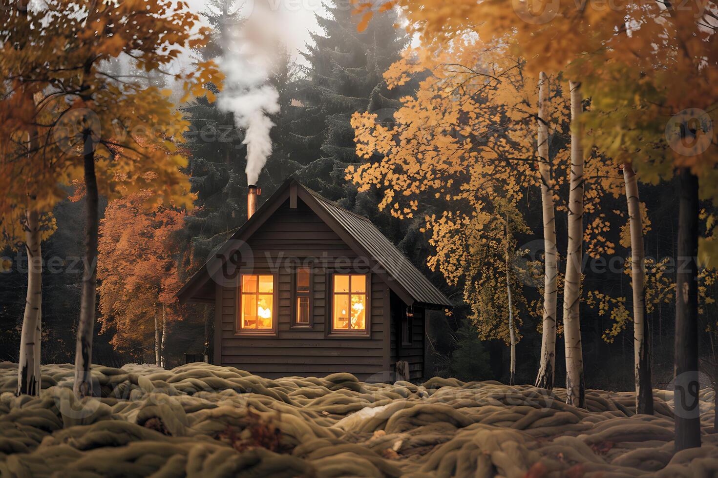 A small cabin in the woods with a fire photo