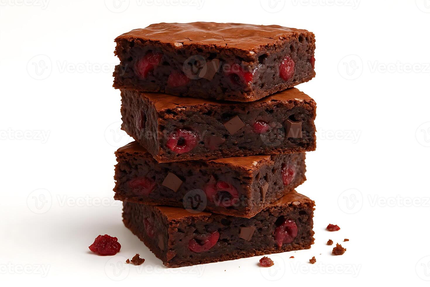 A stack of four brownies with raspberries on top photo