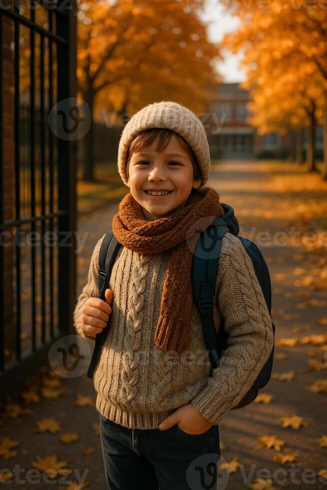 A boy wearing a sweater and hat standing in front of a gate photo