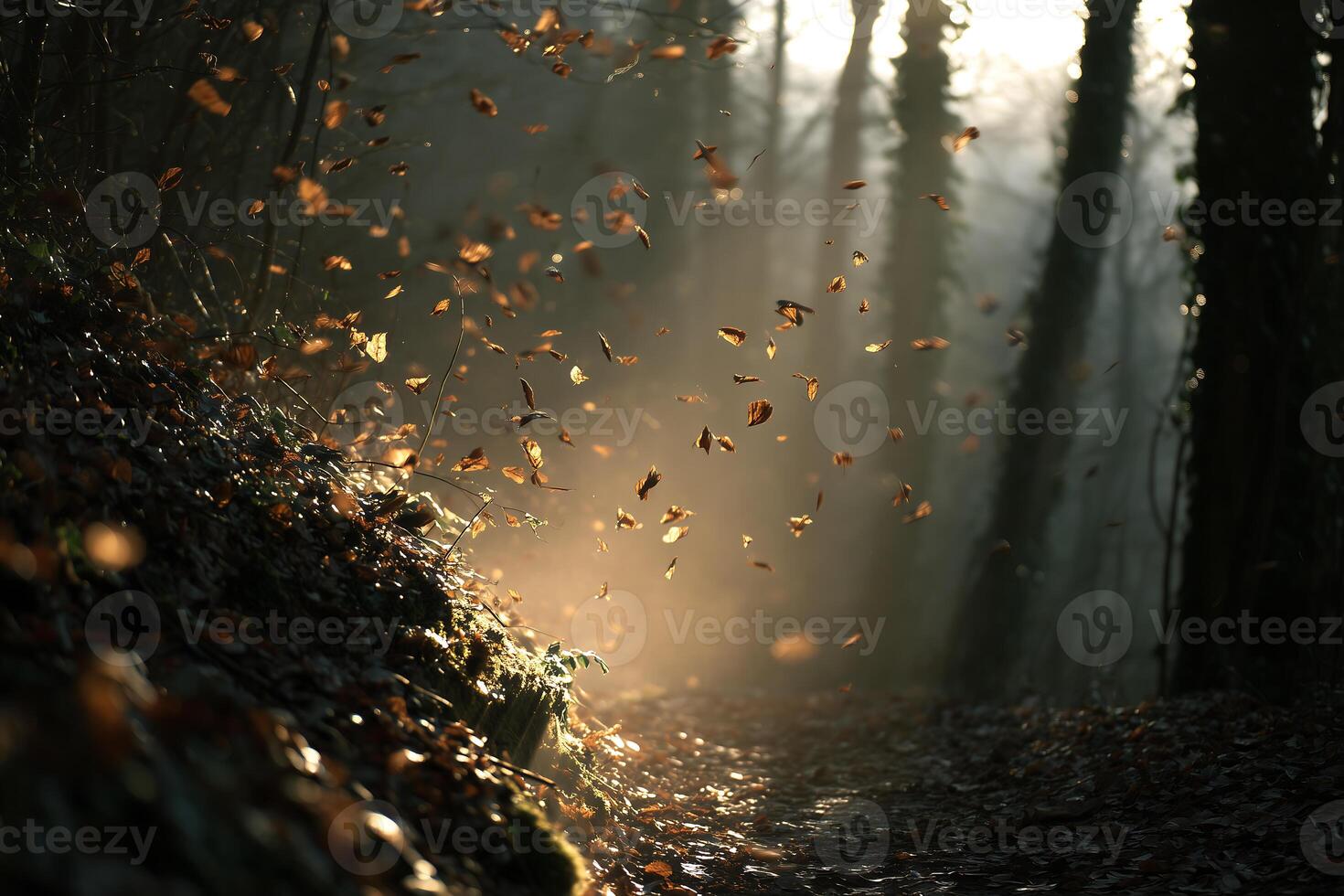 A path in the woods with leaves flying in the air photo