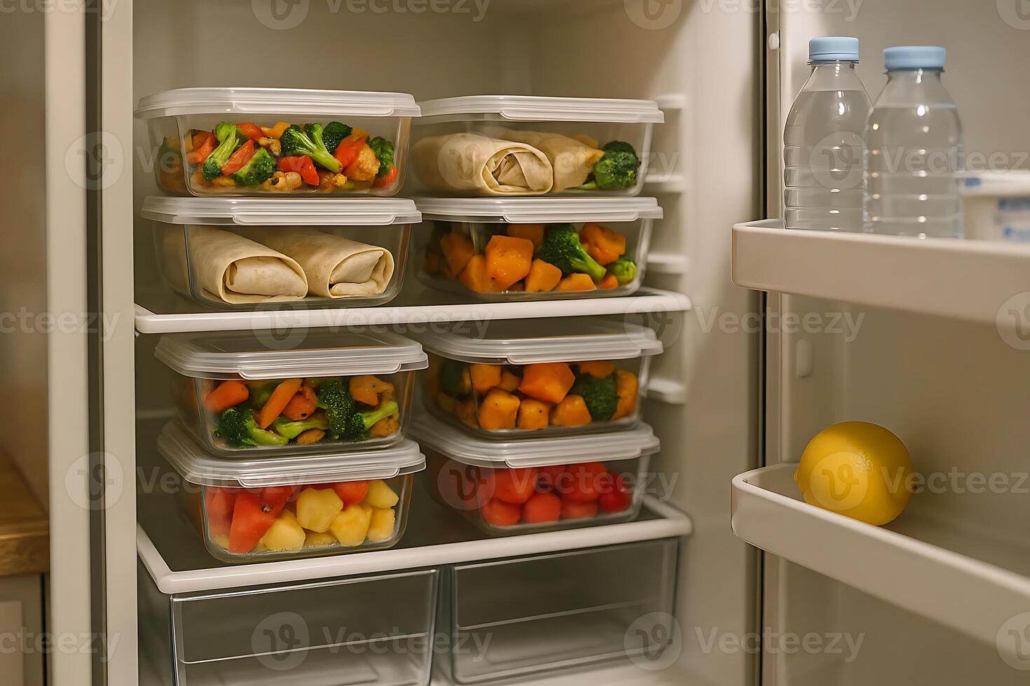 A refrigerator with food in it and water bottles photo