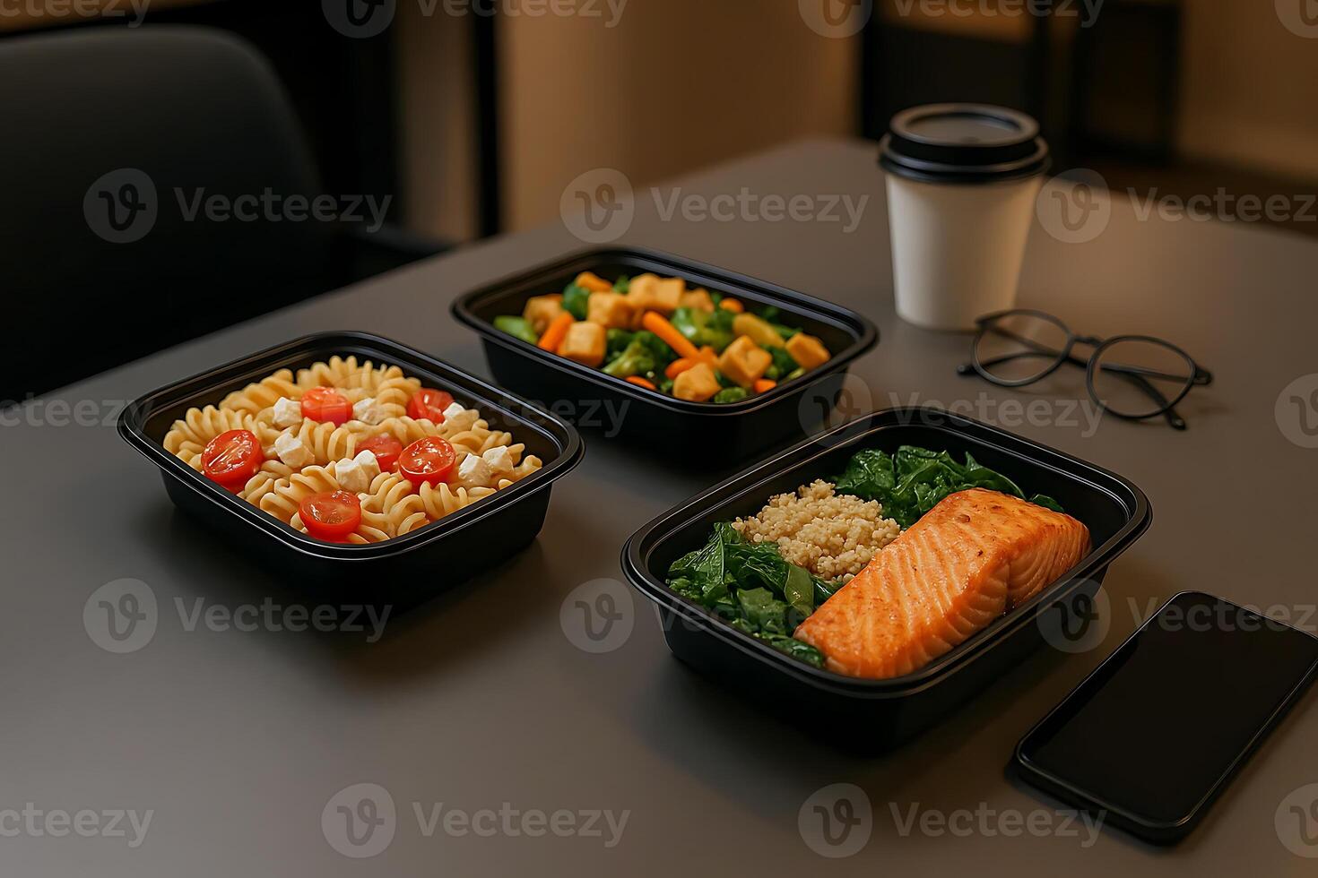 Three black containers with food on a table photo