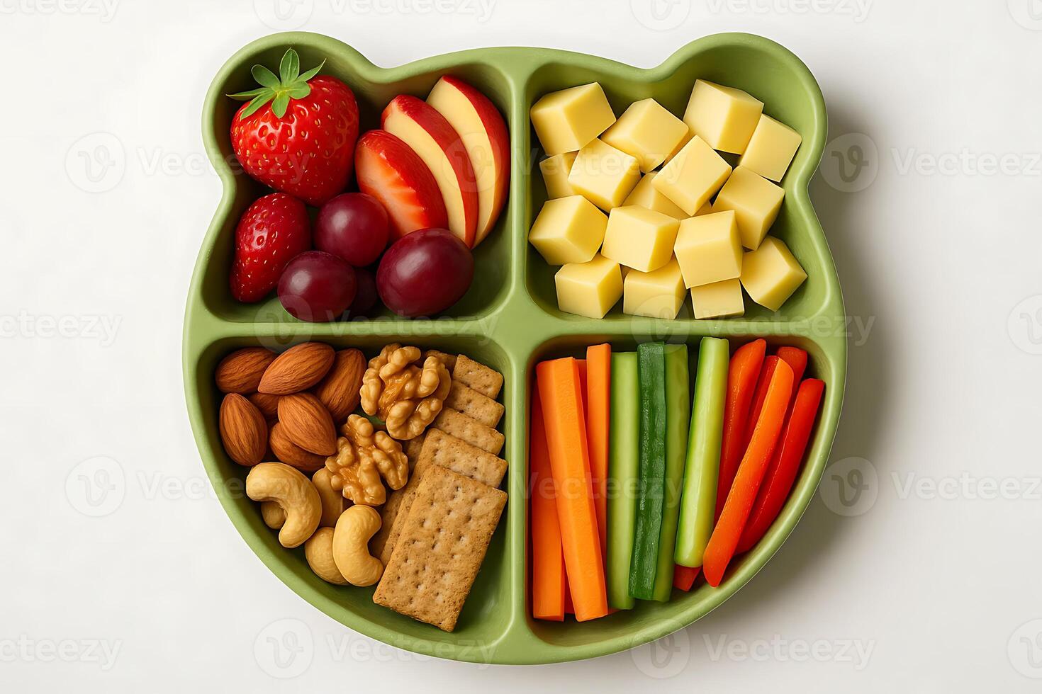 A green plate with fruit, nuts, cheese, and crackers photo
