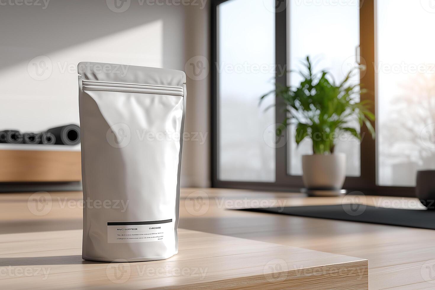 A white bag sitting on a wooden table in front of a window photo