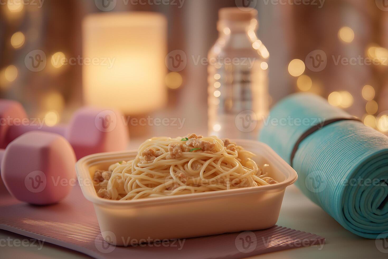 A container of spaghetti and a bottle of water photo