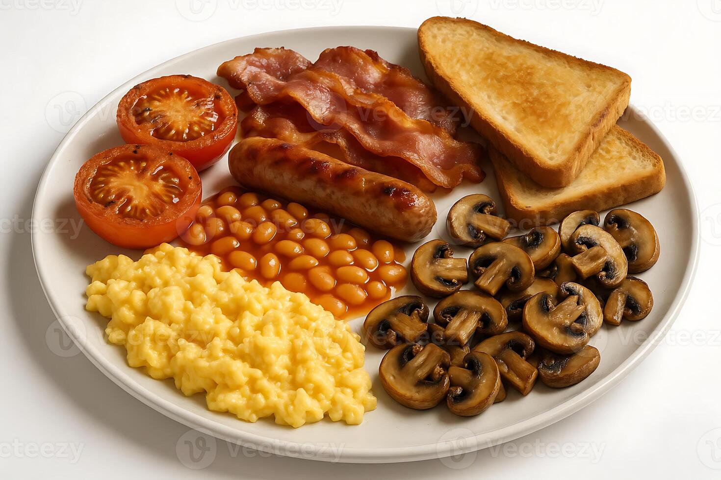 A plate of breakfast food with toast, eggs, mushrooms, tomatoes, toast and mushrooms photo