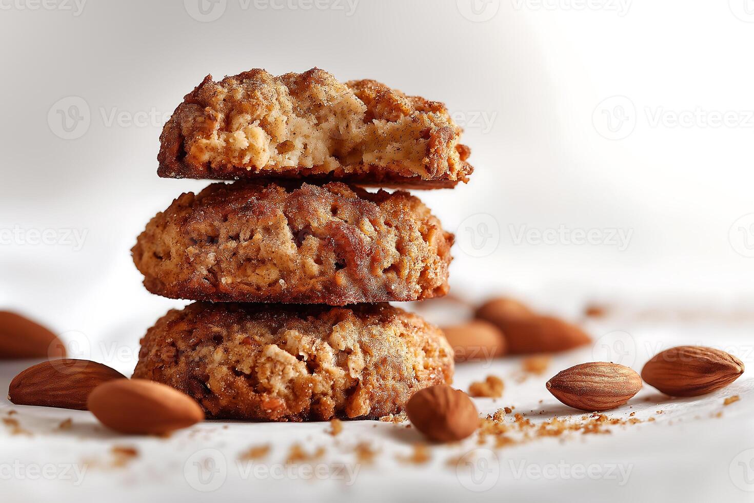 A stack of cookies with almonds on top photo